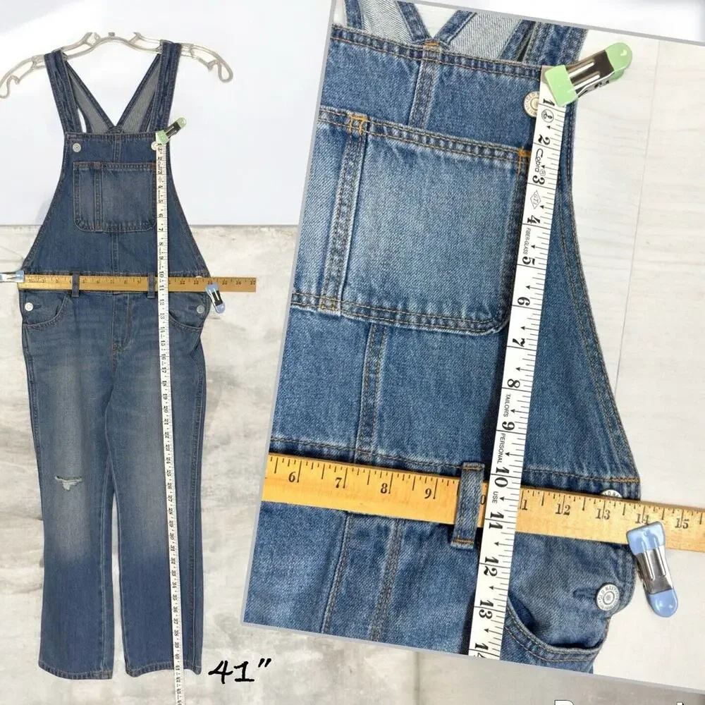 Old Navy Denim Bib Overalls Girls M 8 Distressed Straight Leg Casual